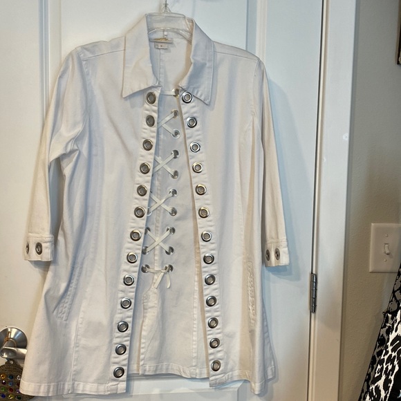 Tia Jackets & Blazers - White Grommet and lace up back 3/4 sleeve jacket. Cotten and Spandex comfort